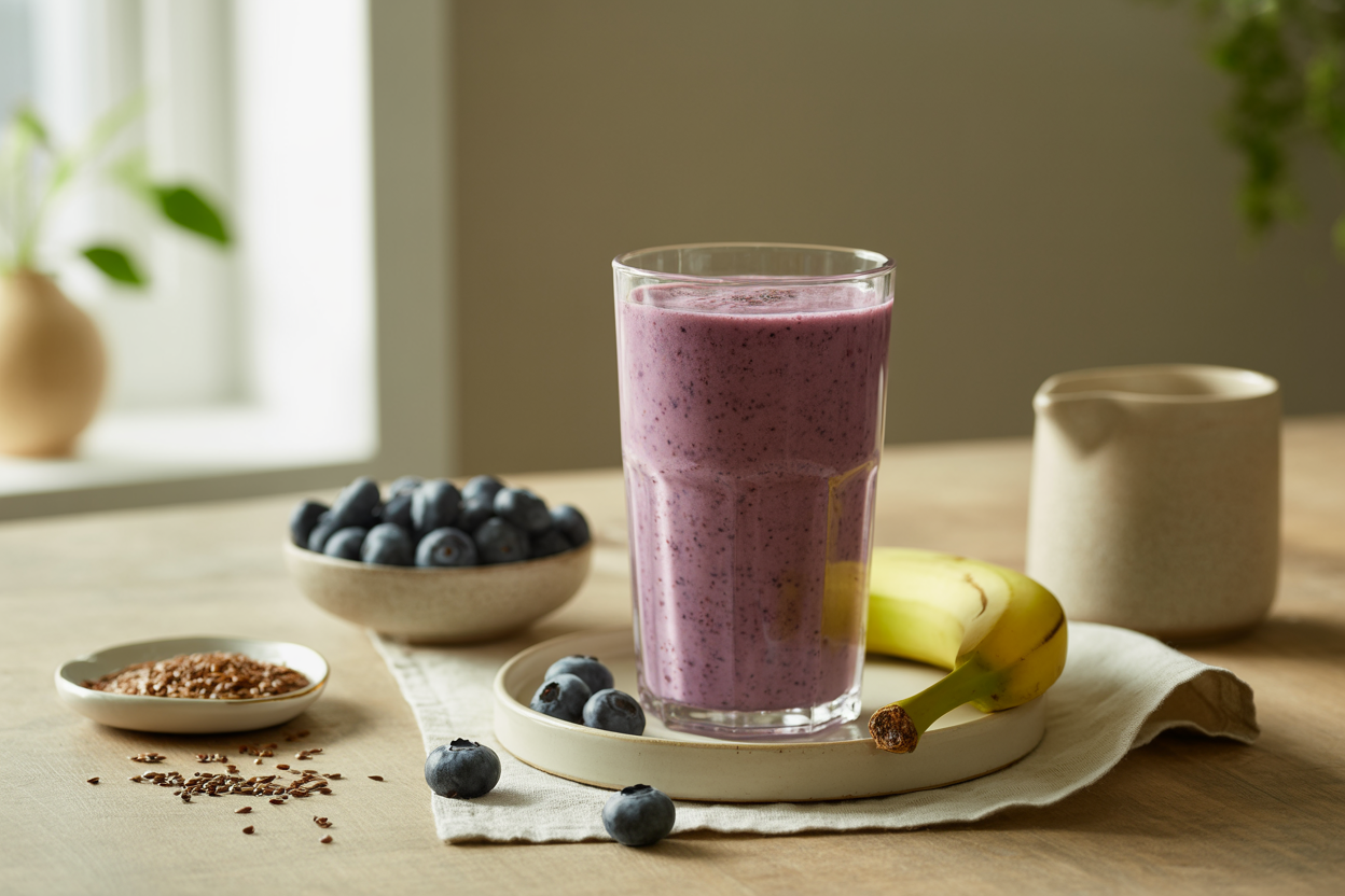 Blueberry banana brain power smoothie with ground flaxseed