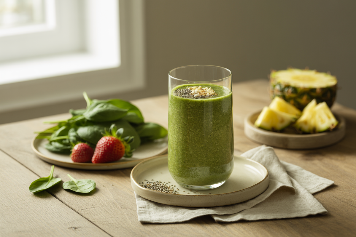 Green breakfast power smoothie with spinach, banana, pineapple and strawberries