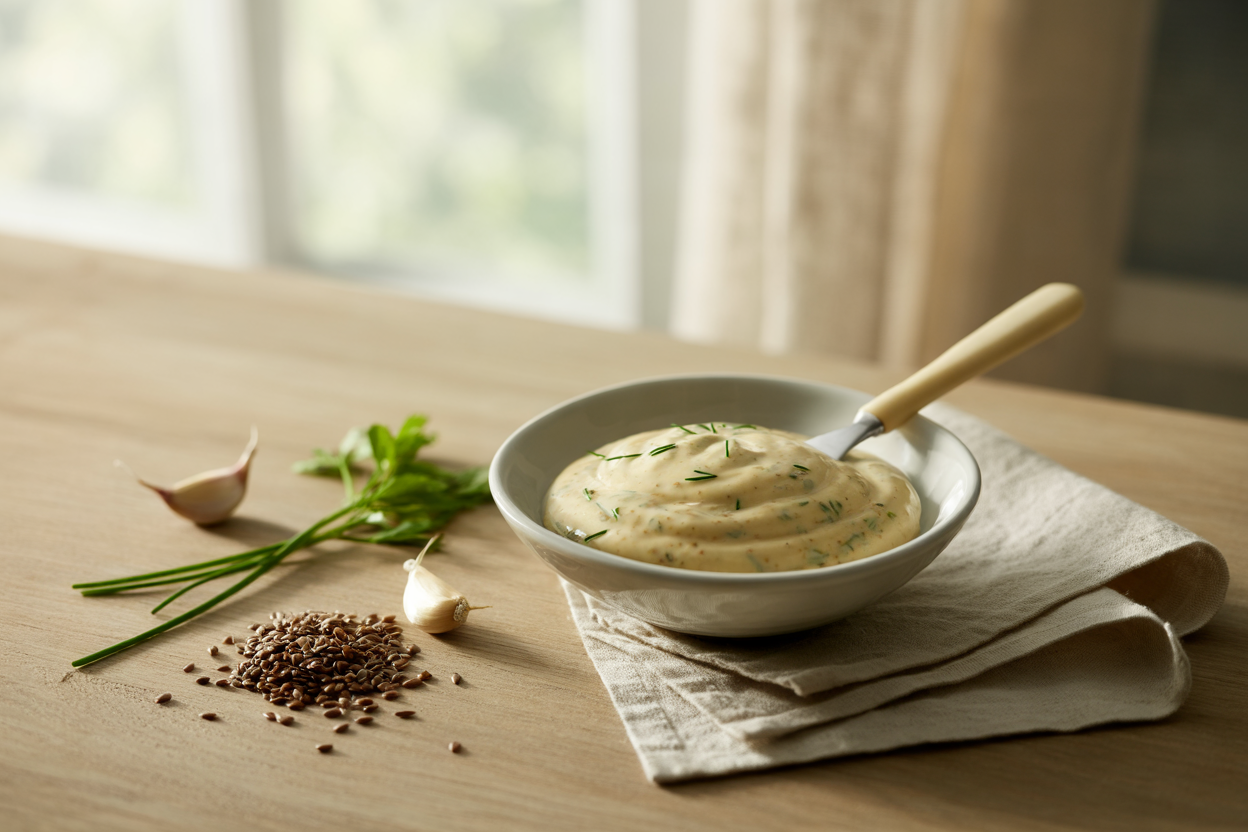 Homemade flax seed mayonnaise with garlic, chives and parsley