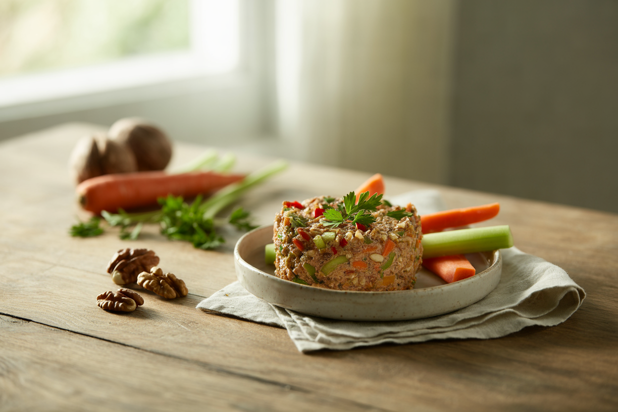 Raw walnut and pecan nut pate with fresh vegetable dippers