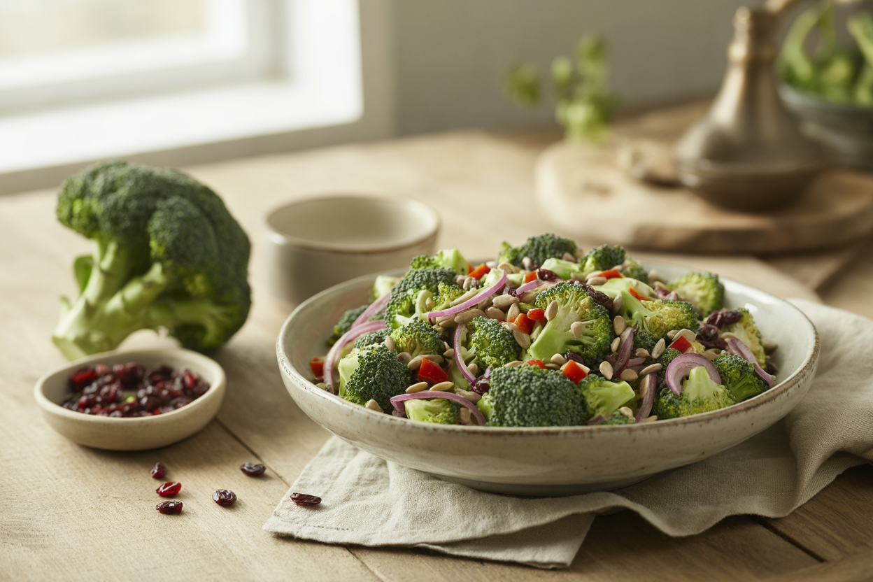 Broccoli salad with cranberries, red onion and sunflower seeds