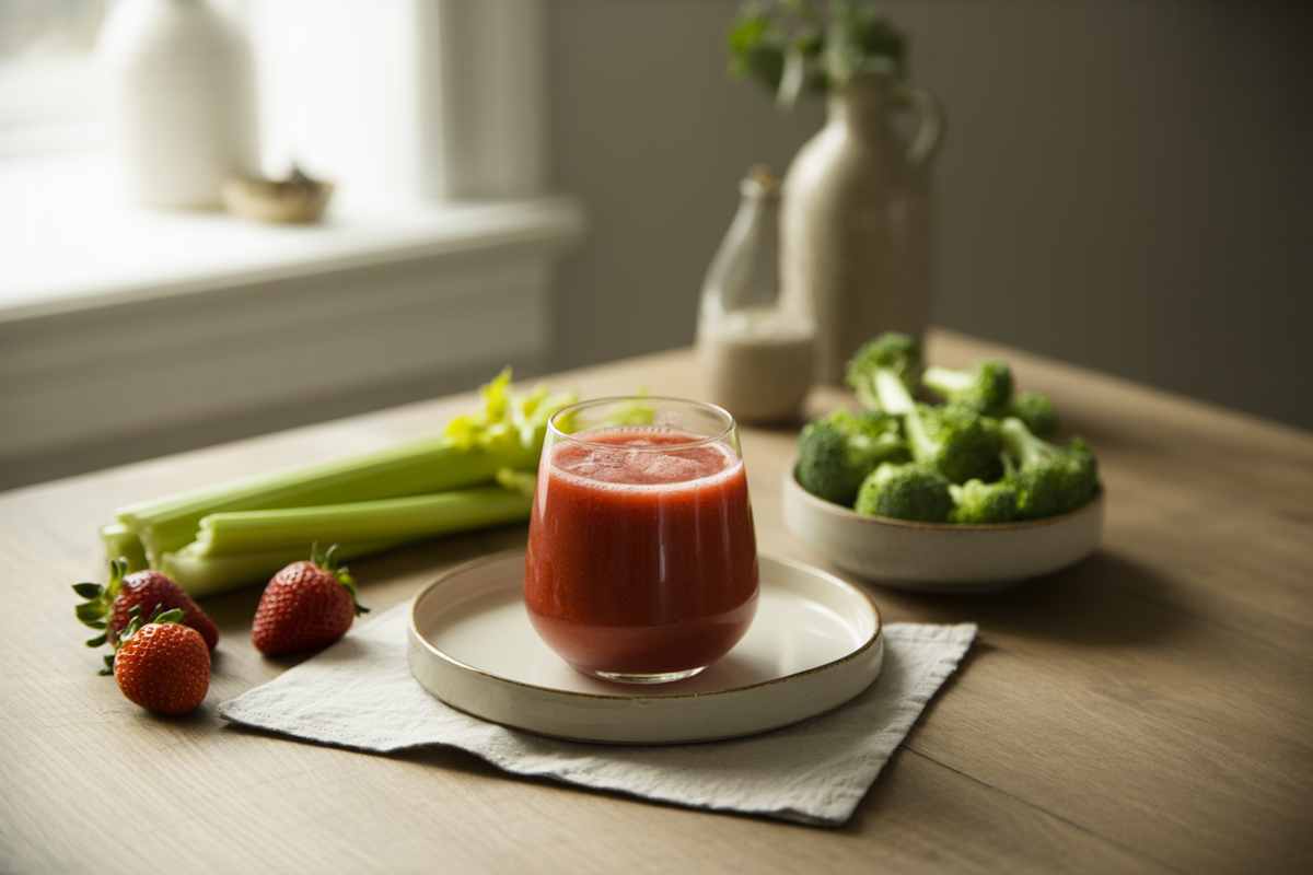 Strawberry celery juice with broccoli sprouts