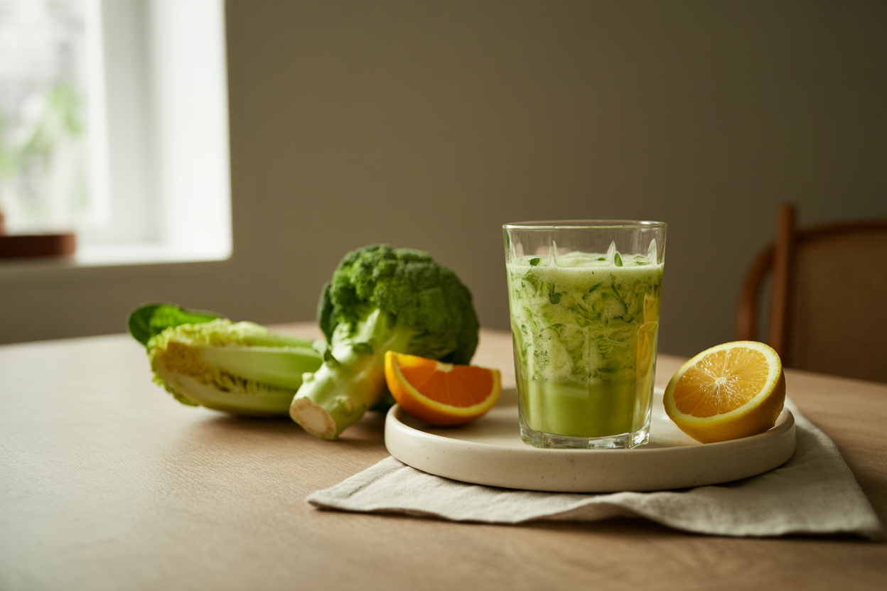Broccoli Thirst Quencher green drink with romaine, broccoli, orange and lemon