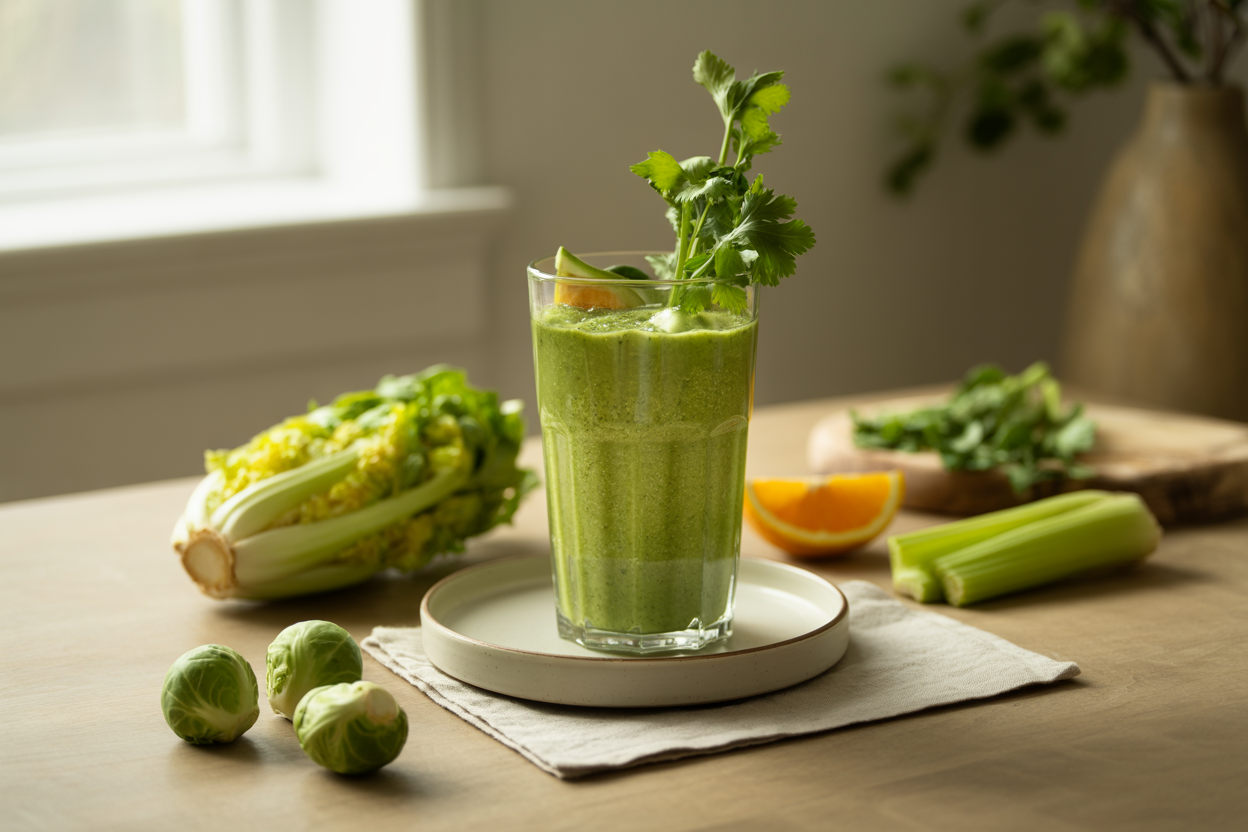 Green Brussels sprout veg-smoothie with celery, romaine, cilantro and orange