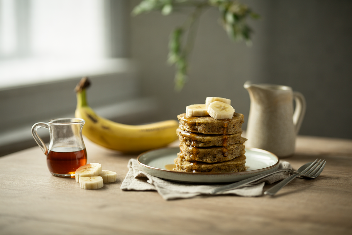 Buckwheat cornmeal flapjacks with banana and maple syrup
