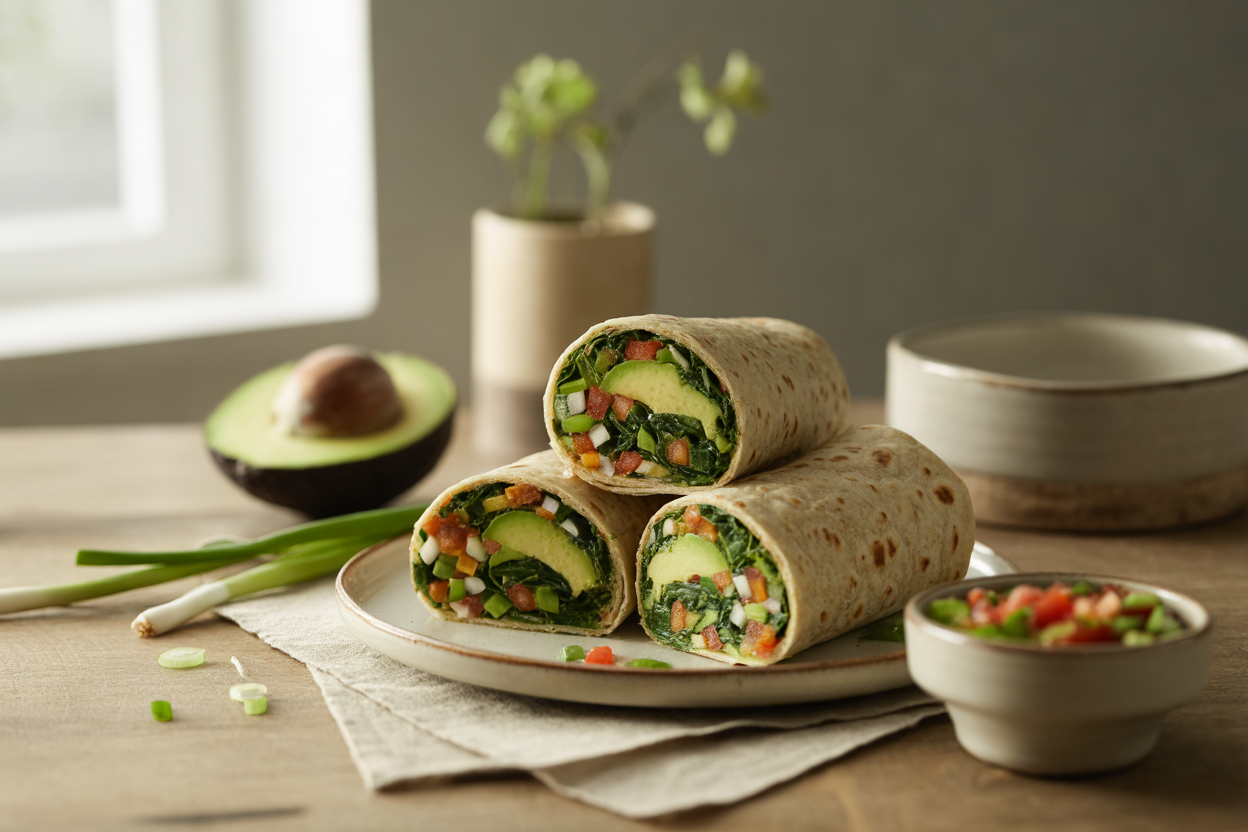 Whole grain burrito roll-ups with spinach, carrot, tomato, avocado and salsa