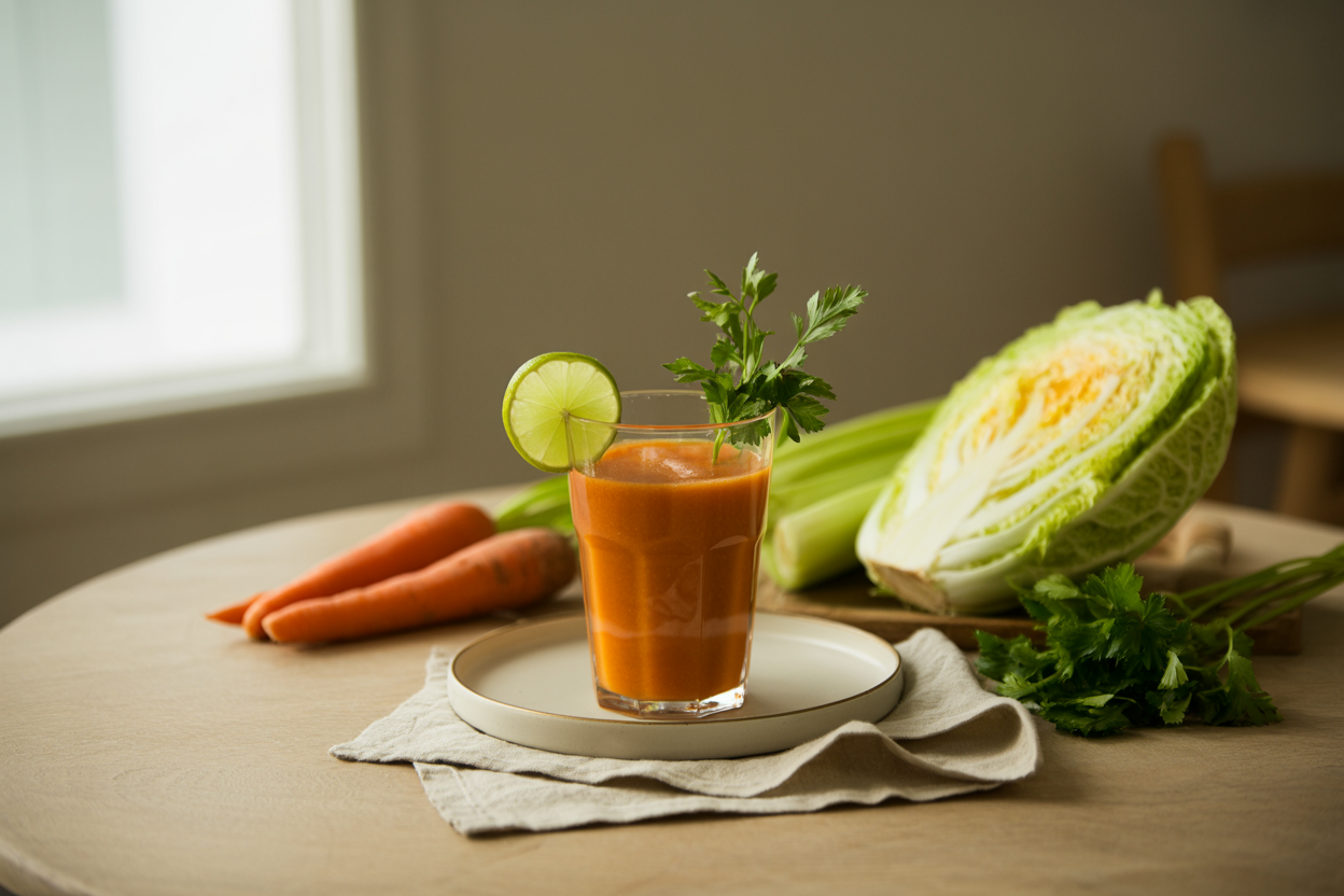 Carrot, celery, cabbage and parsley juice with lime