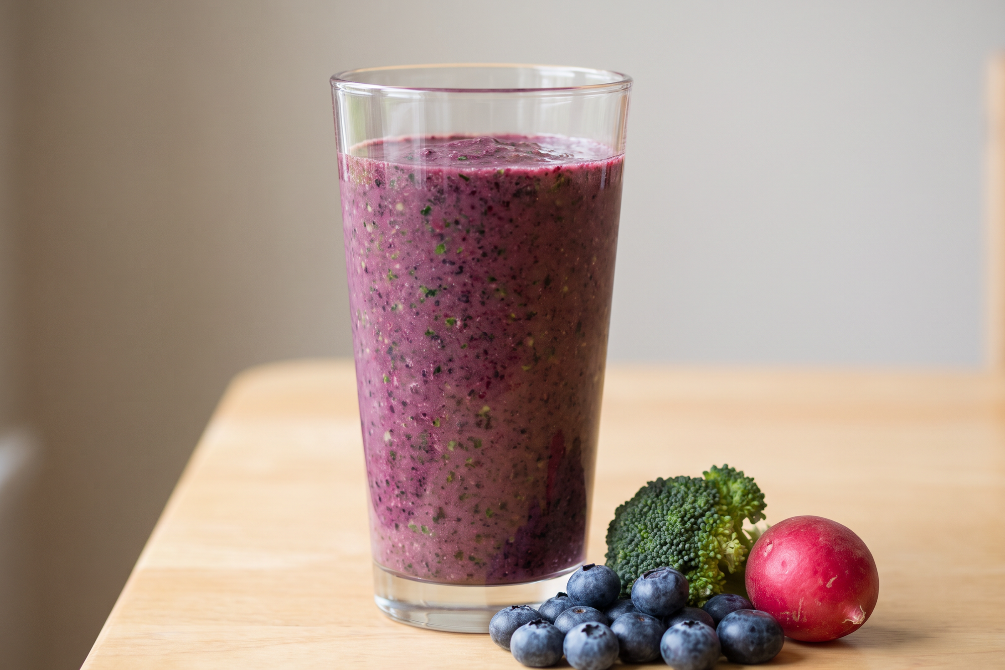 Purple berry smoothie with blueberries, broccoli and a radish
