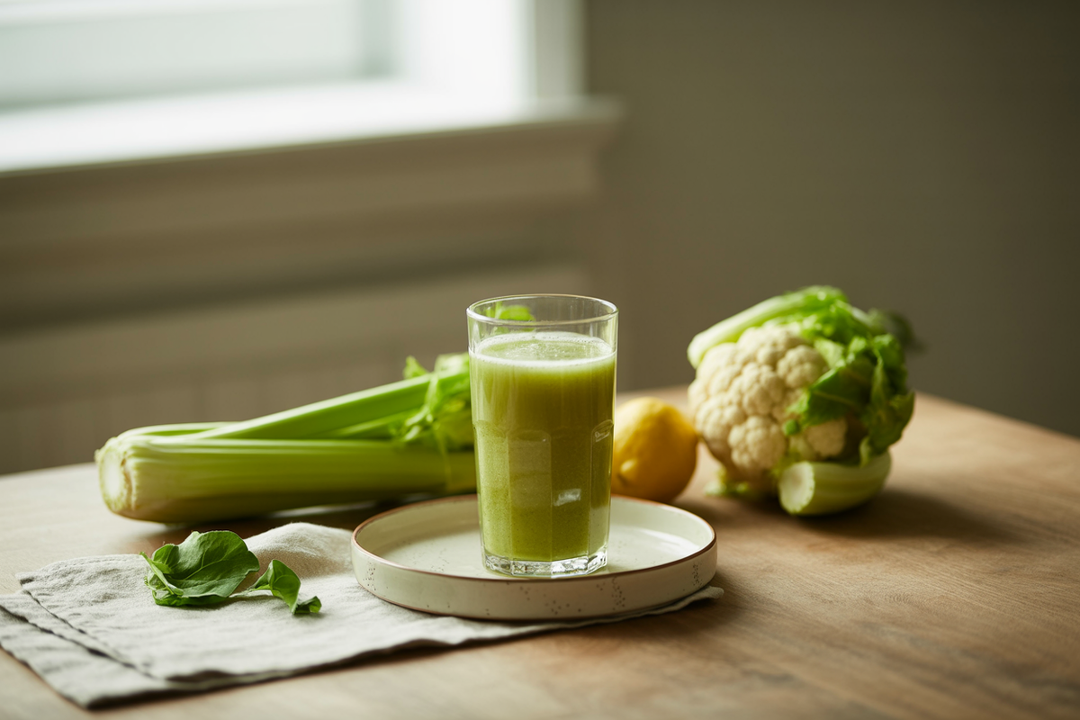 Glass of carb-careful green juice with celery, leafy greens, cauliflower and lemon