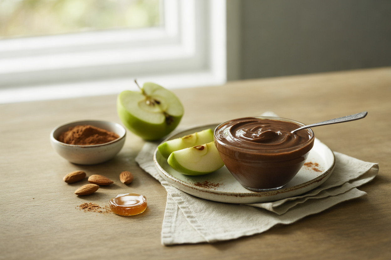 Carob almond butter spread on apple slices