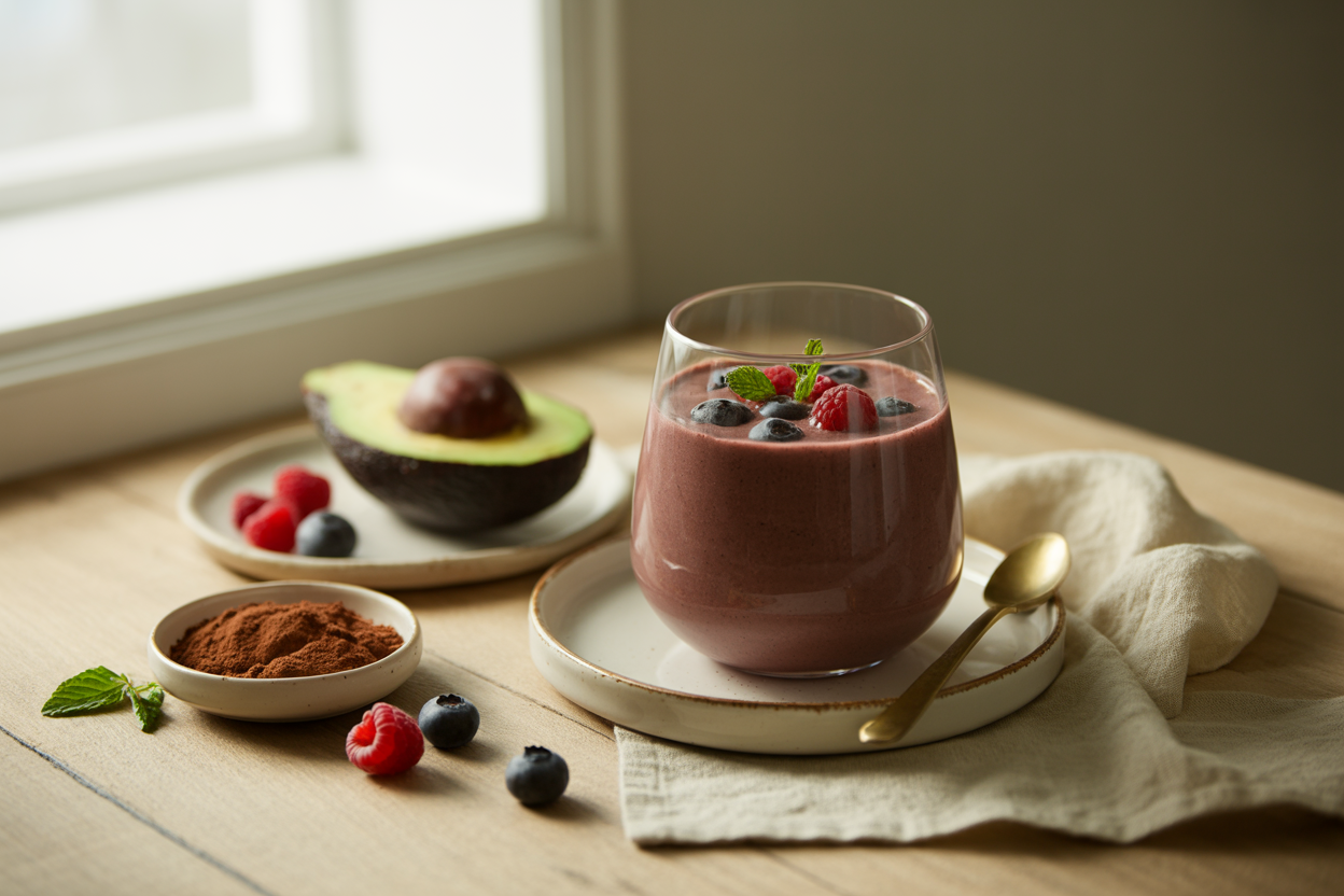 Carob berry protein smoothie with mixed berries and carob powder