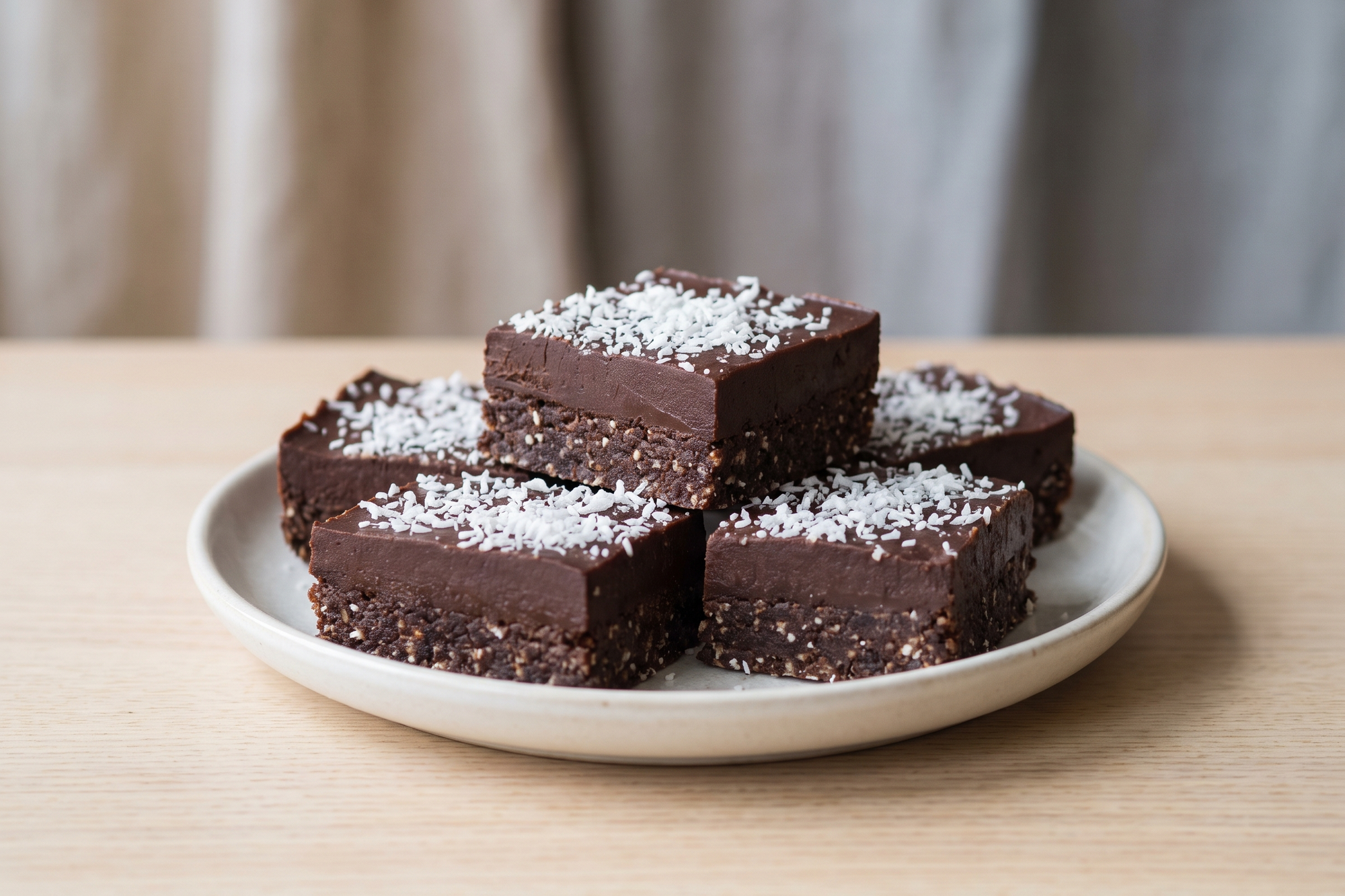 Carob coconut bars topped with shredded coconut on a white plate