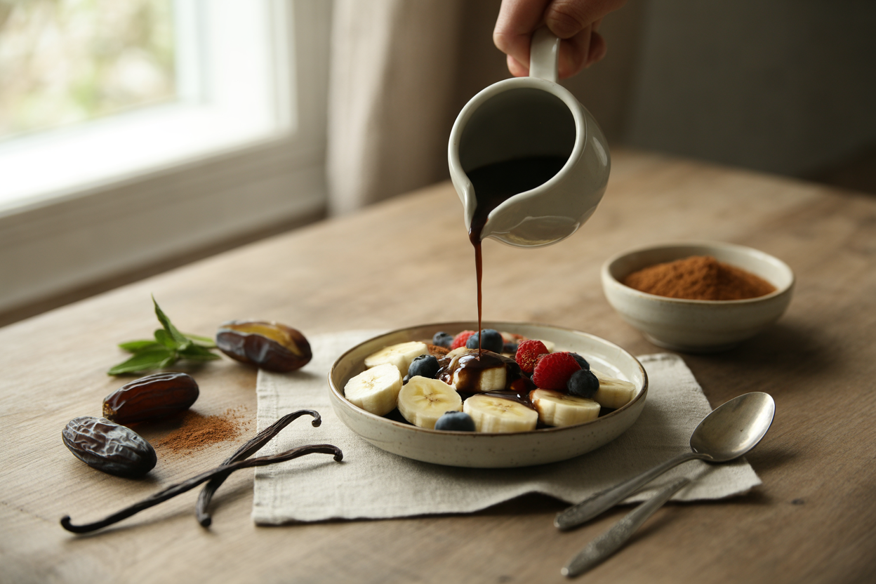 Carob dessert topping over bananas and berries