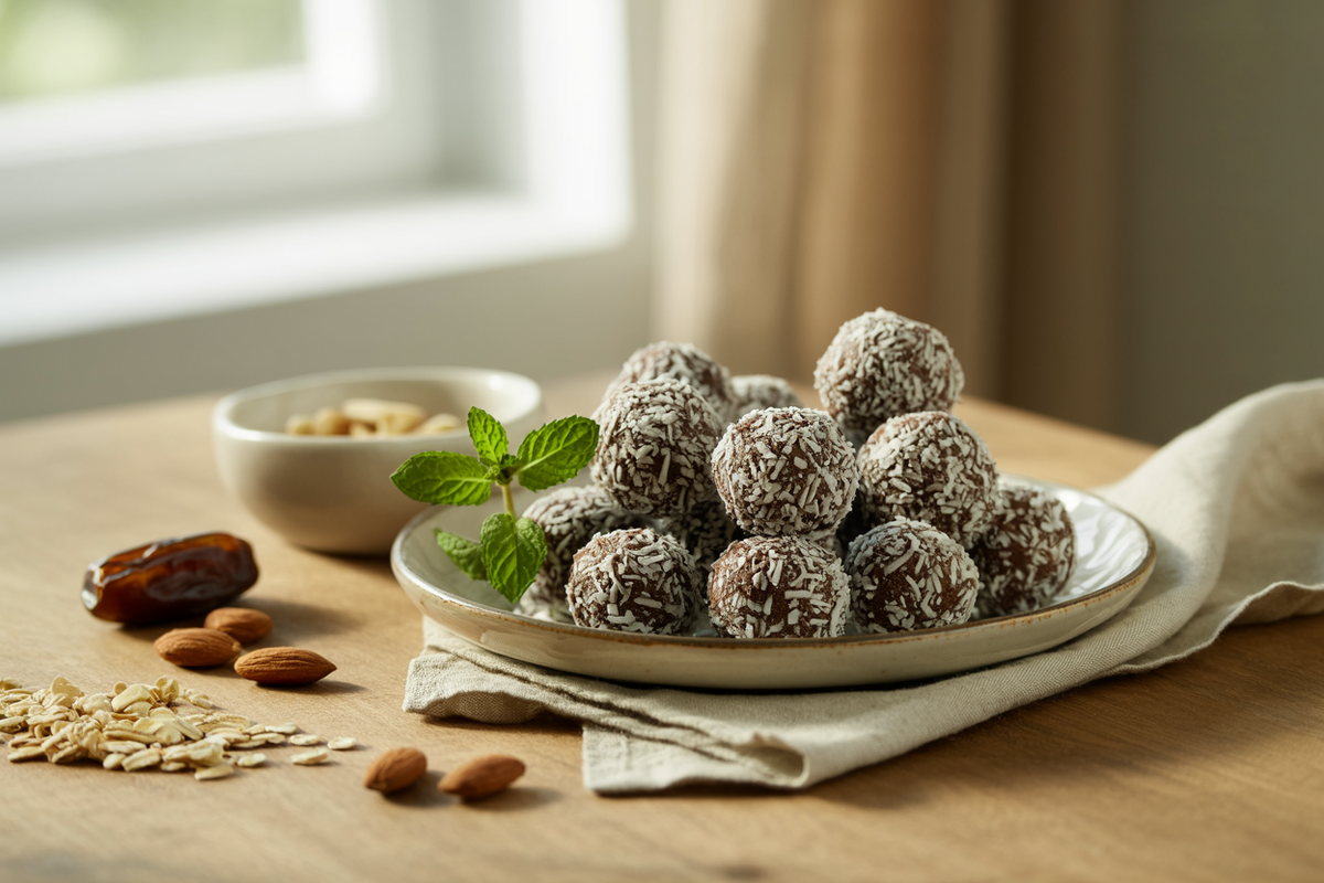 Carob peppermint hedgehog balls rolled in shredded coconut with a sprig of mint