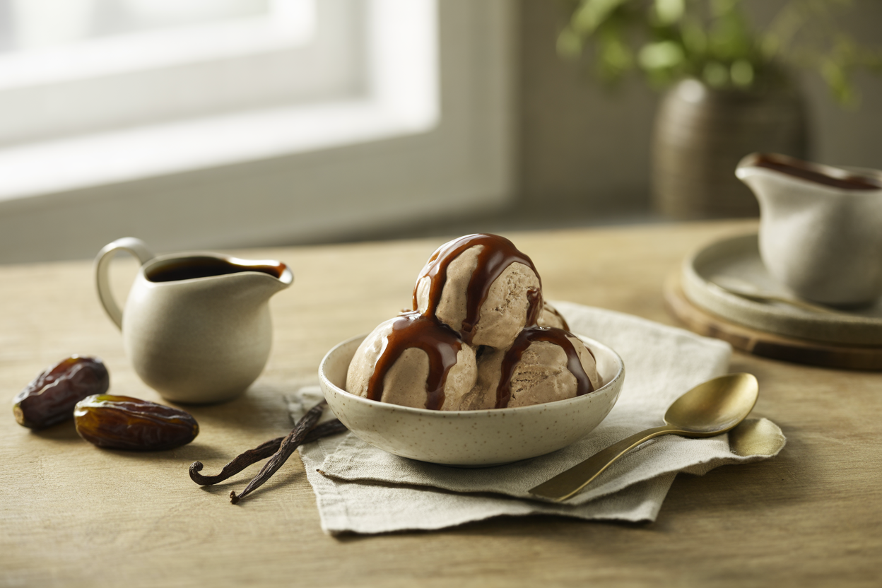 Carob date ice cream with carob sauce