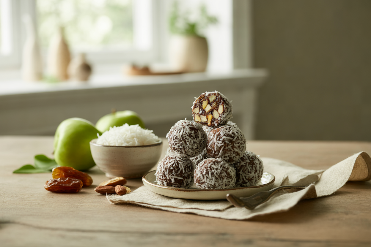 Carob snow balls rolled in shredded coconut