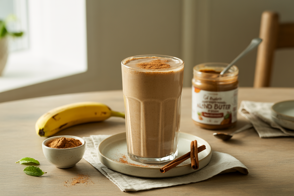 Carob TrioMax delight shake with banana, almond butter and cinnamon