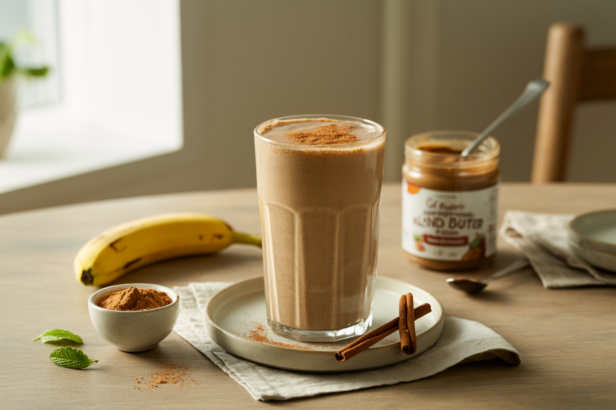 Carob TrioMax delight shake with banana, almond butter and cinnamon