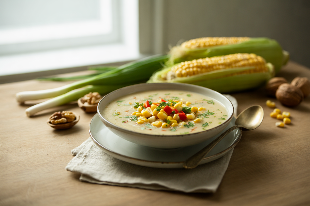 White Christmas soup with corn, walnuts and red pepper