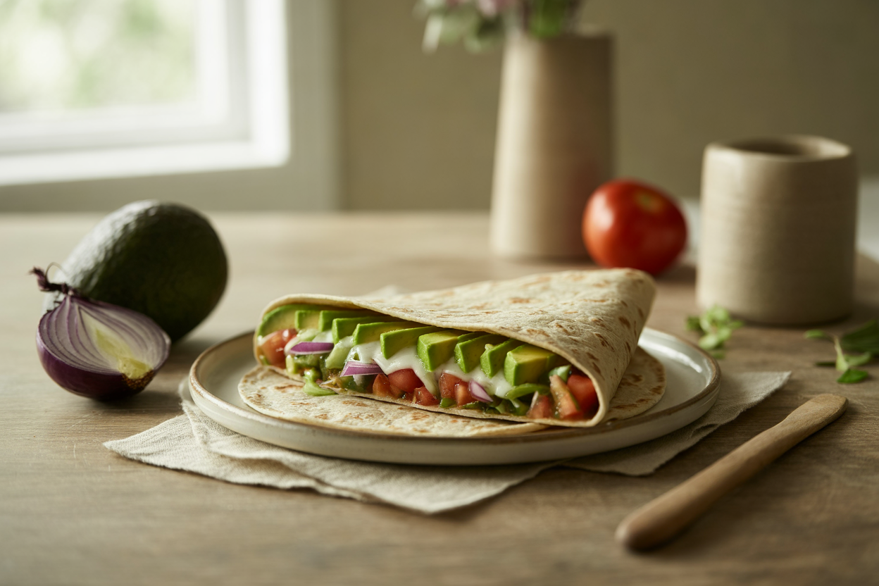 Veggie tortilla with avocado, tomato and purple onion