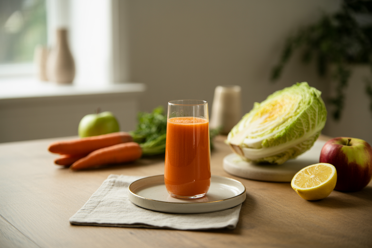 Glass of carrot and cabbage juice with carrots, cabbage, apple and lemon