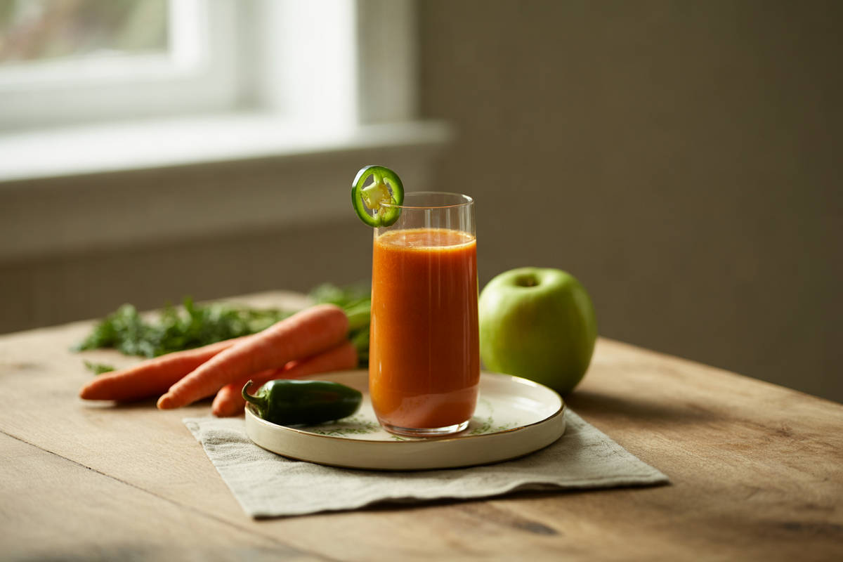 Carrot apple juice with a kick of jalapeno