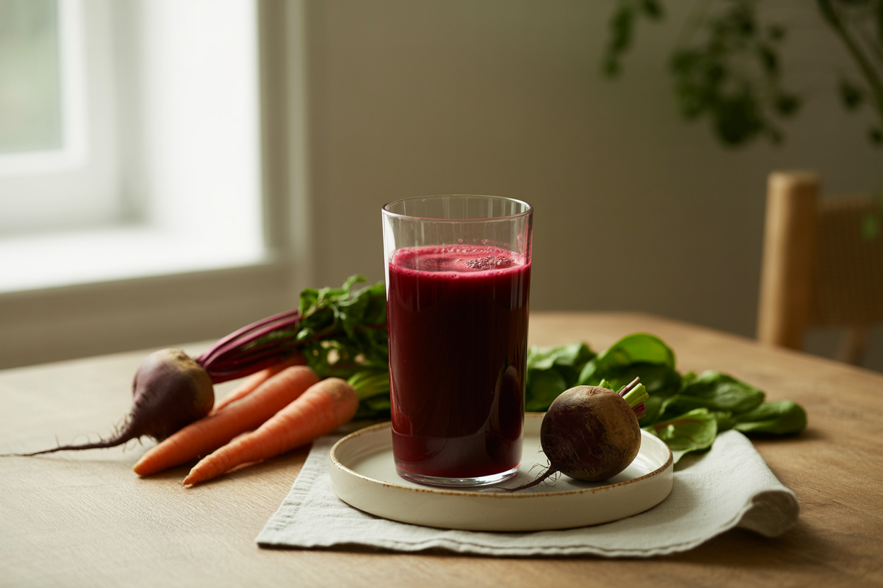 Glass of carrot, beet and spinach juice with fresh carrots and beet
