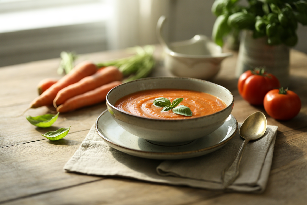 Carrot blush soup with tomato and basil