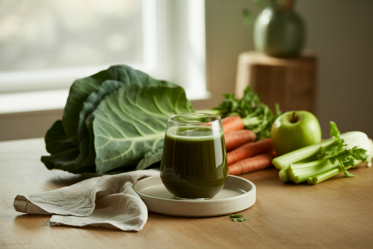 Carrot collard juice with collard greens, apple and celery