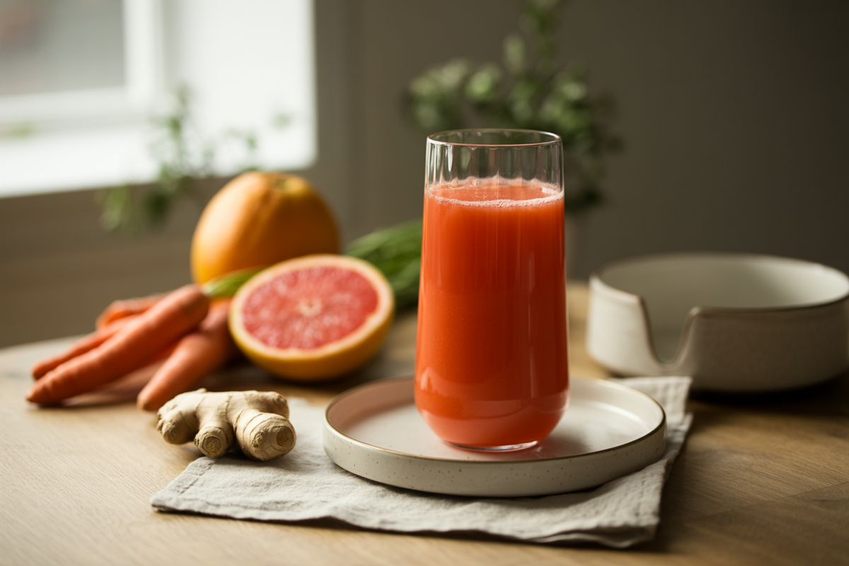 Glass of carrot ginger grapefruit juice with carrots, grapefruit and ginger