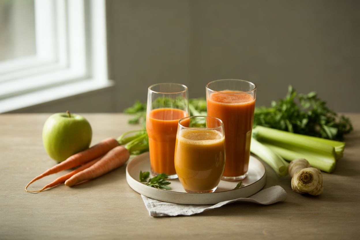 Three carrot juice blends with apple, celery and greens