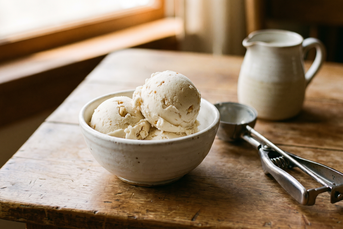 Scoops of homemade cashew ice cream in a white bowl with an ice cream scoop