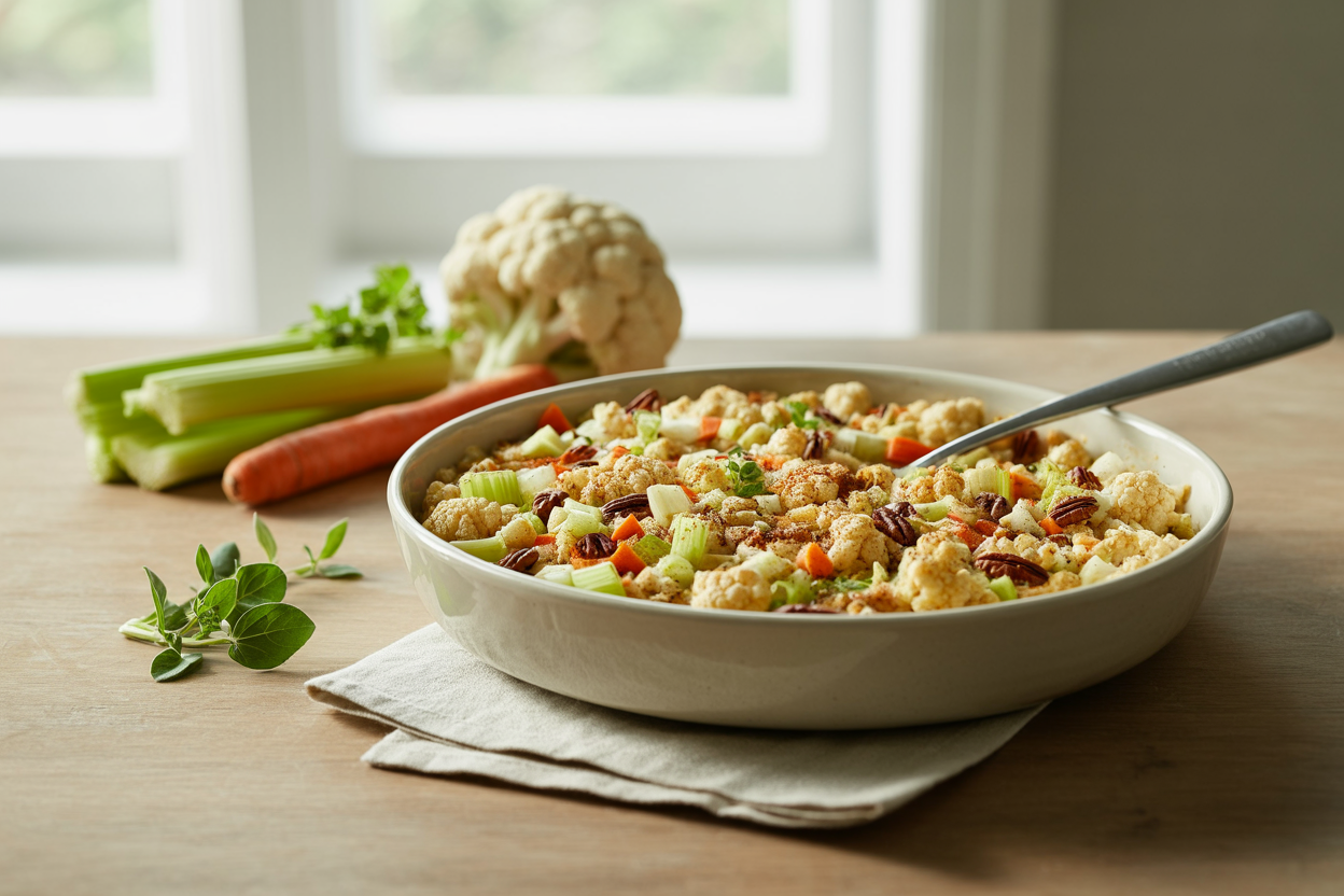 Baked cauliflower rice medley with celery, carrots and pecans in a white baking dish