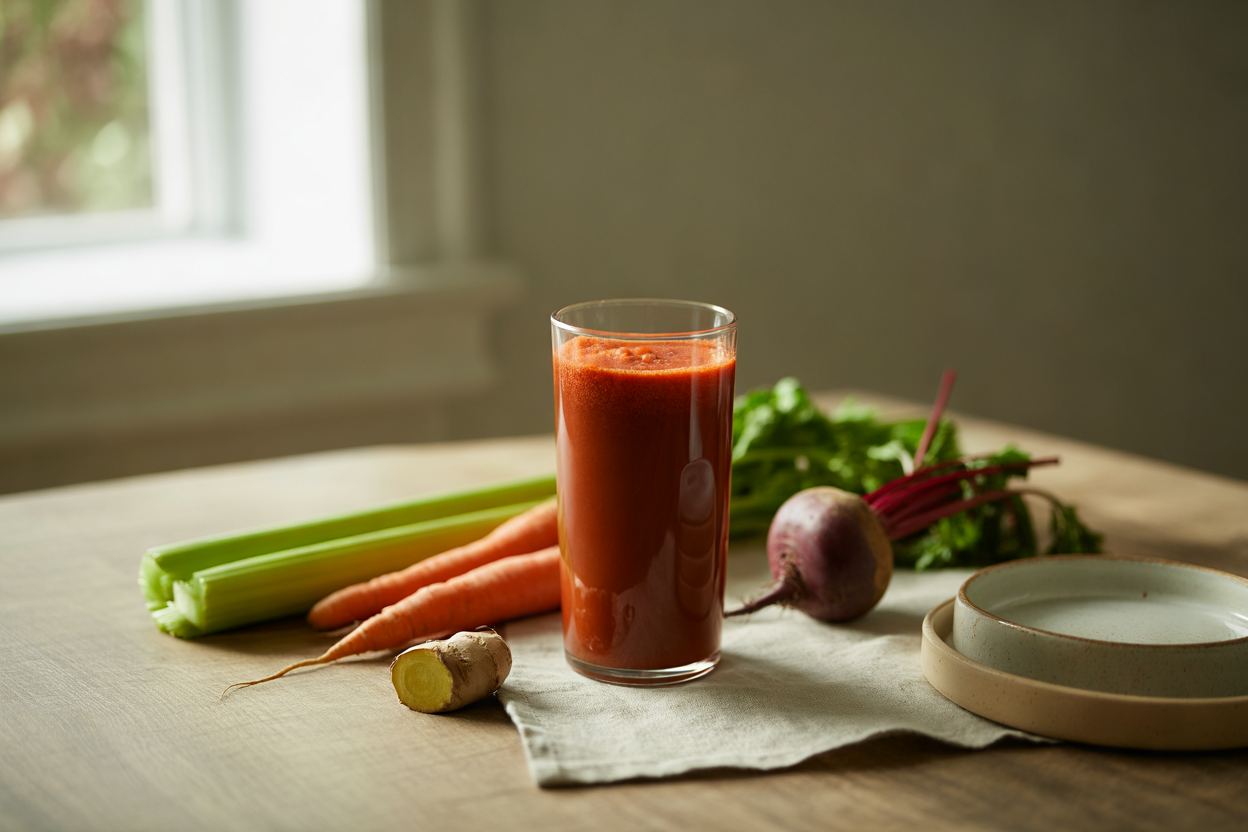 Celebration juice with carrot, celery, beet and ginger