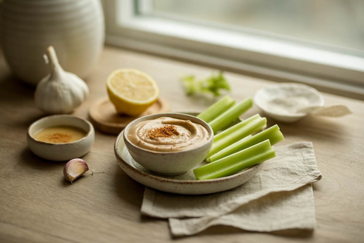 Creamy tahini celery dip with lemon and cumin, served with celery sticks