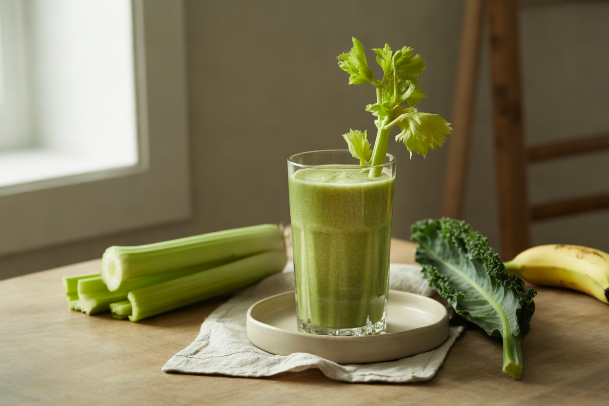 Celery leaf smoothie with kale and banana
