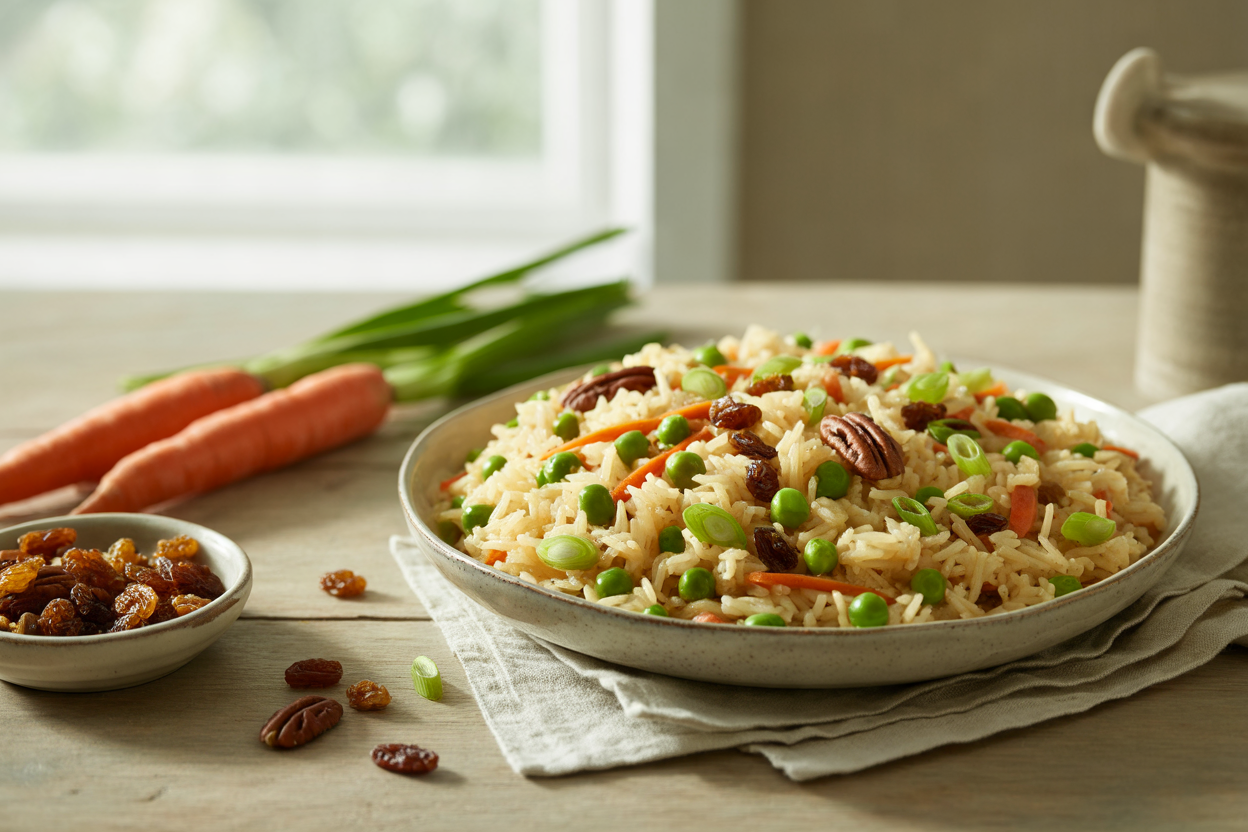 Ceylonese basmati rice with peas, carrots, raisins and pecans
