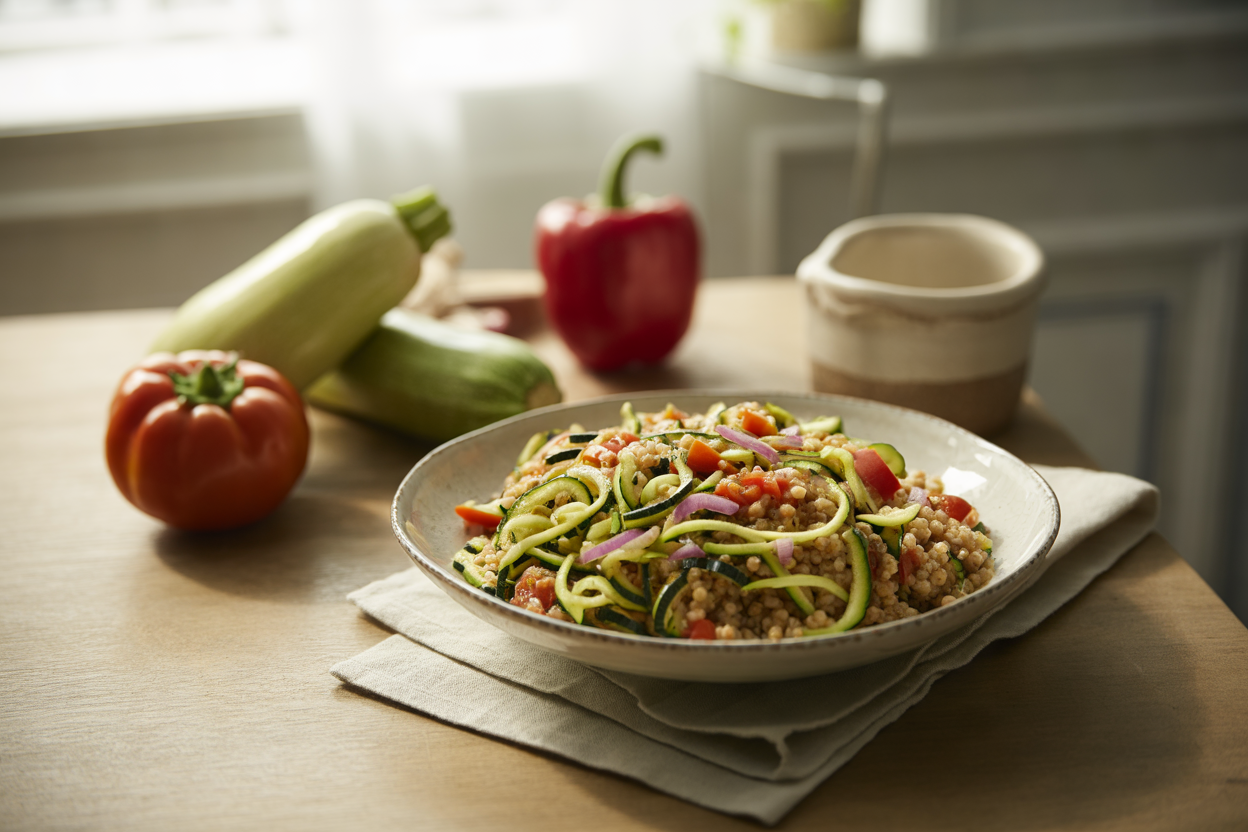Couscous salad with zucchini, squash, tomato and red pepper