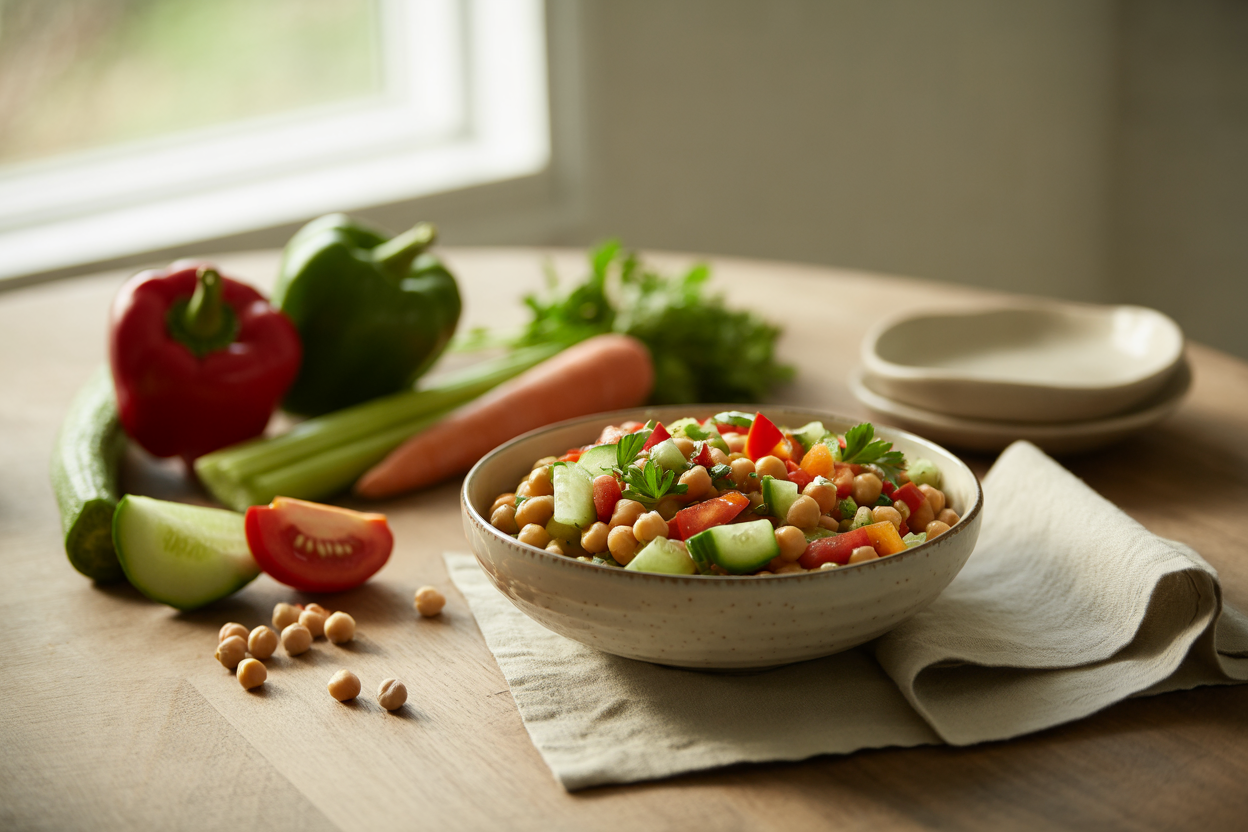 Garbanzo bean salad with tomatoes, cucumber, peppers and parsley