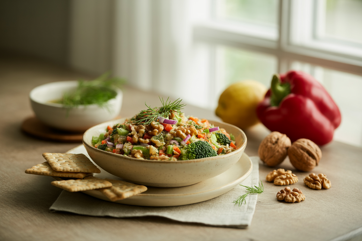 Walnut based chicken salad surprise with red pepper, carrot and broccoli