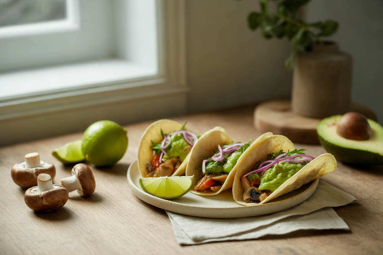 Chili lime mushroom tacos with cabbage and guacamole
