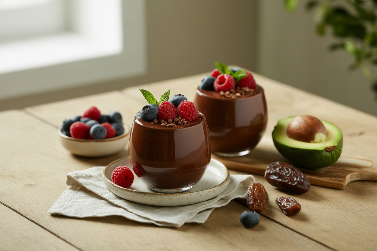 Chocolate avocado mousse in glass cups topped with fresh raspberries and blueberries