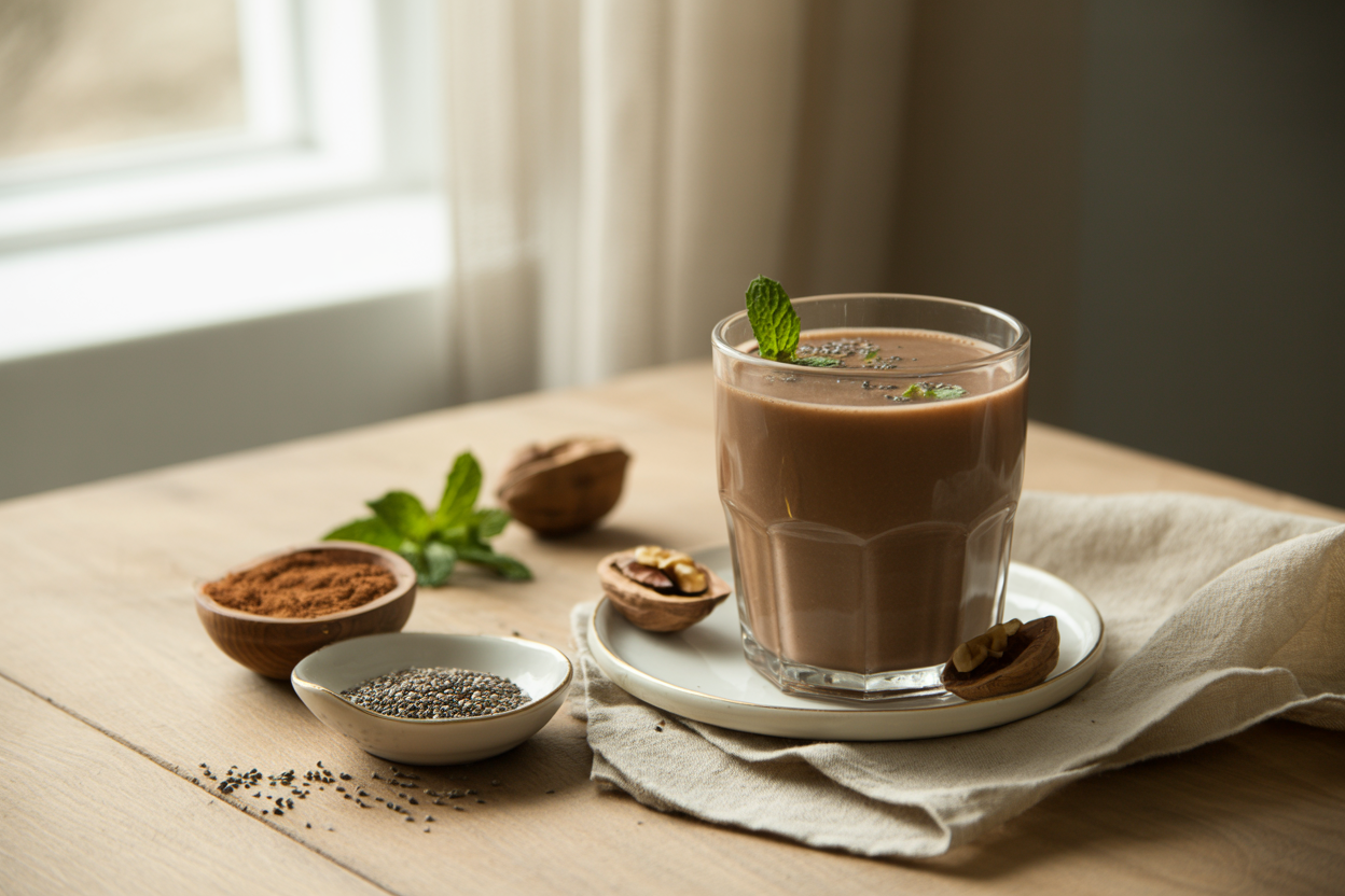 Carob mint chia milk with walnuts and chia seeds