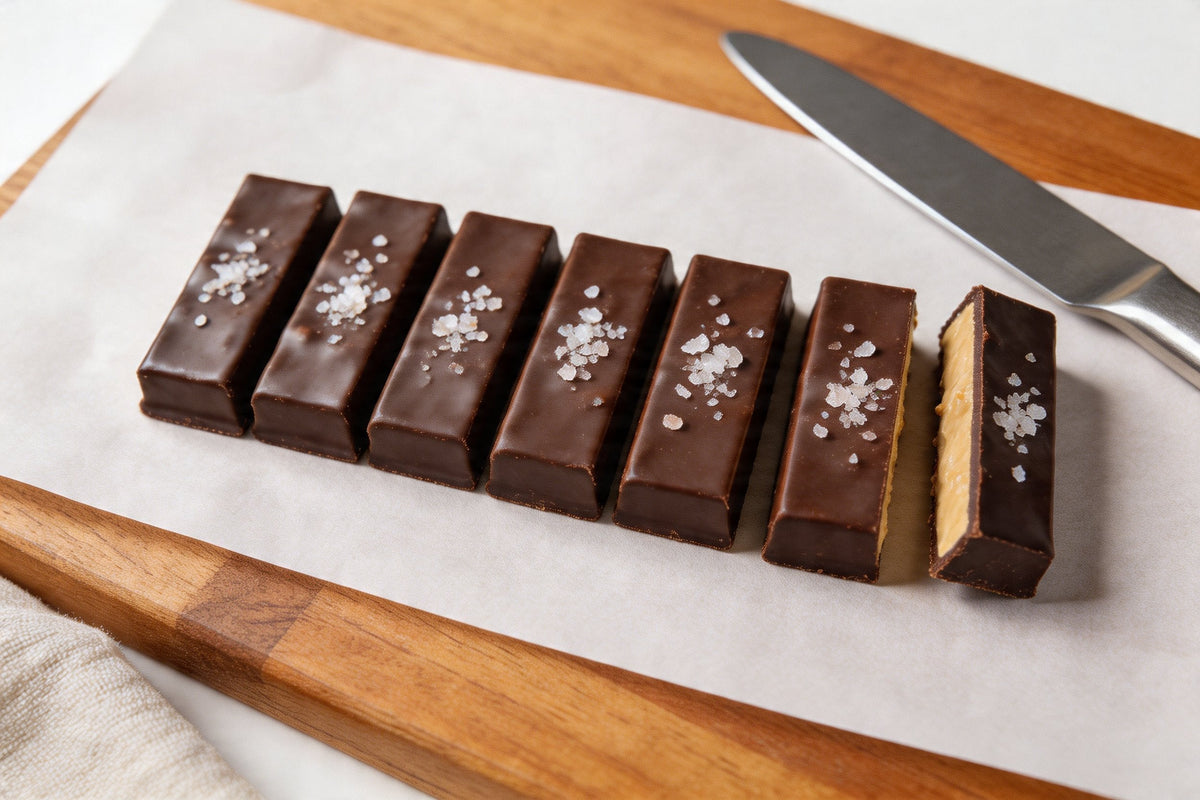Chocolate cashew butter bars cut into squares on parchment, dark chocolate tops finished with flaky sea salt.