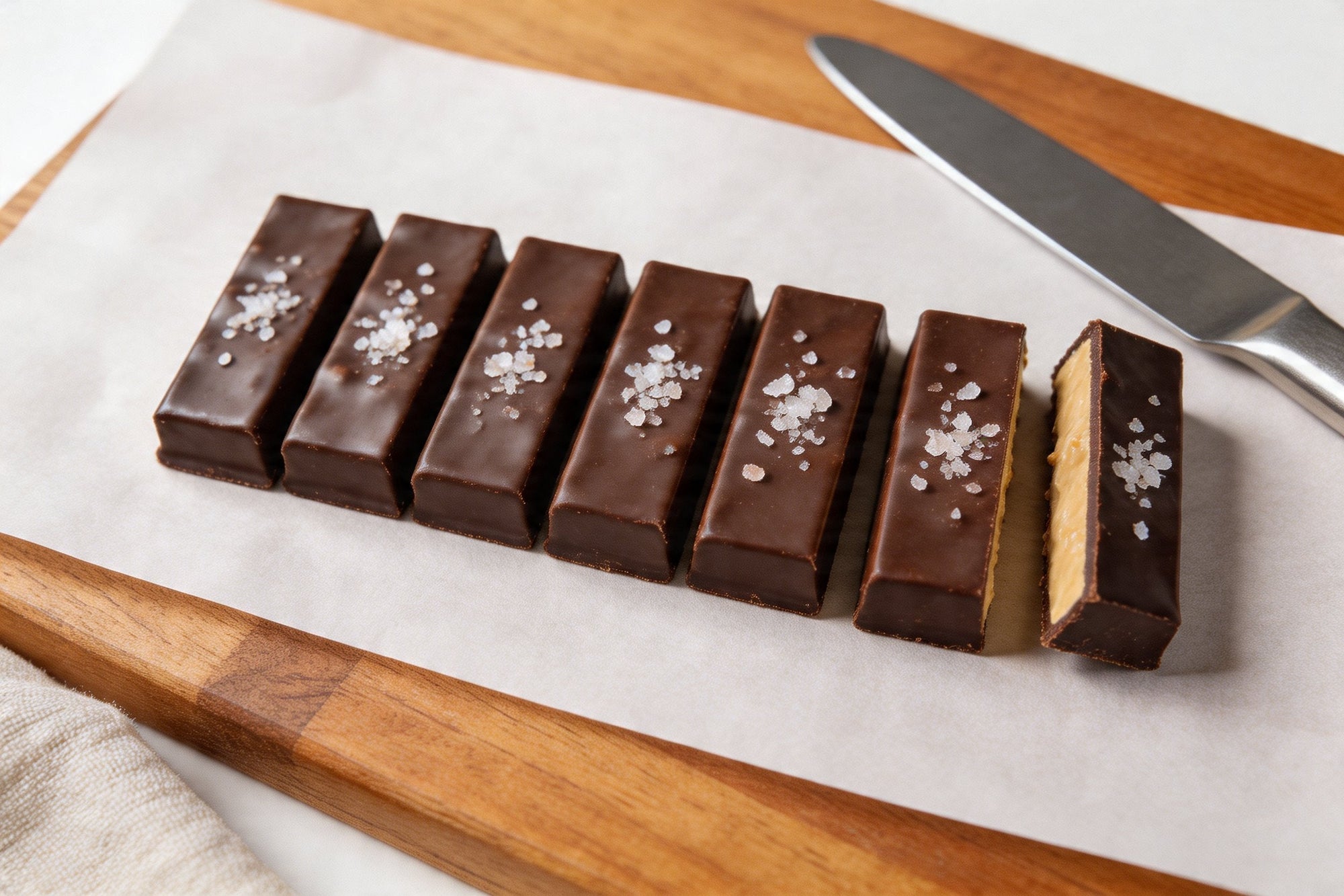 Chocolate cashew butter bars cut into squares on parchment, dark chocolate tops finished with flaky sea salt.