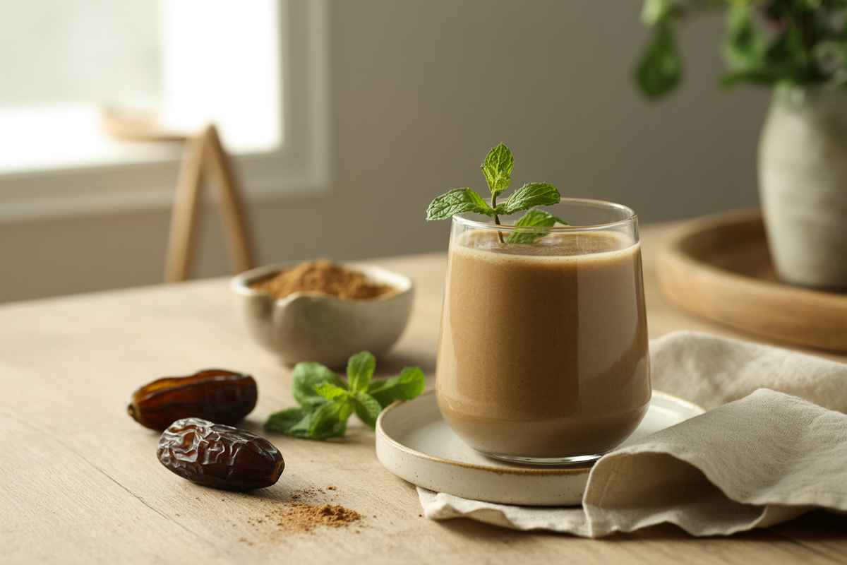 Chocolatey mint smoothie made with carob, dates and fresh mint