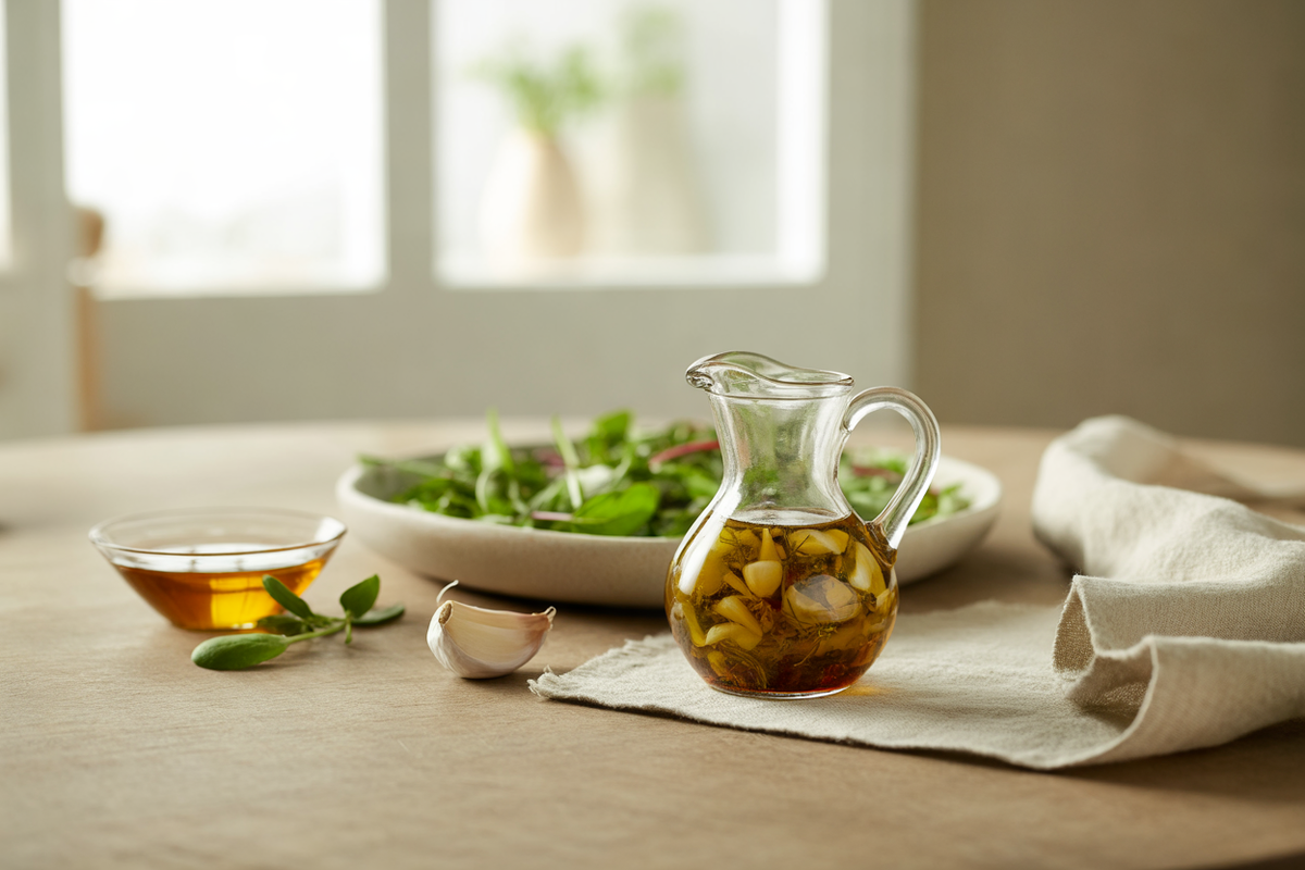 Olive oil, apple cider vinegar and honey dressing with herbs