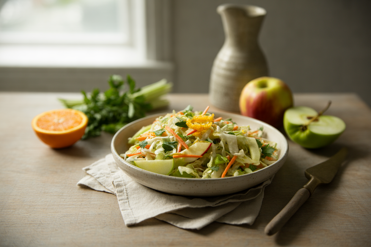 Citrus vinegar slaw with cabbage, carrots, apple and parsley
