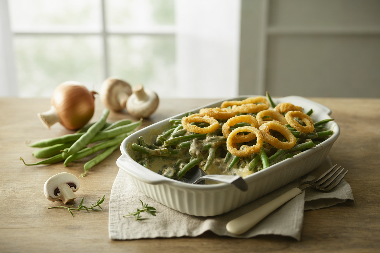 Classic green bean casserole with mushroom sauce and crispy onions
