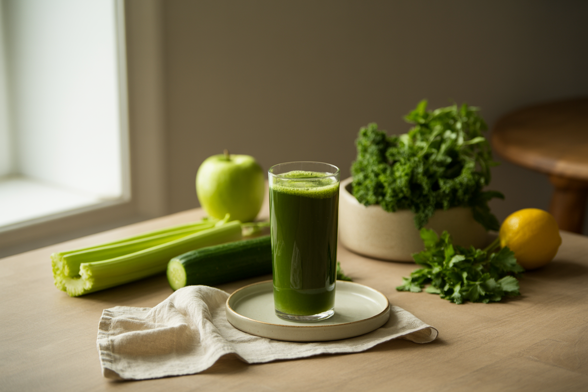 Glass of classic green juice with green apple, celery, cucumber and kale